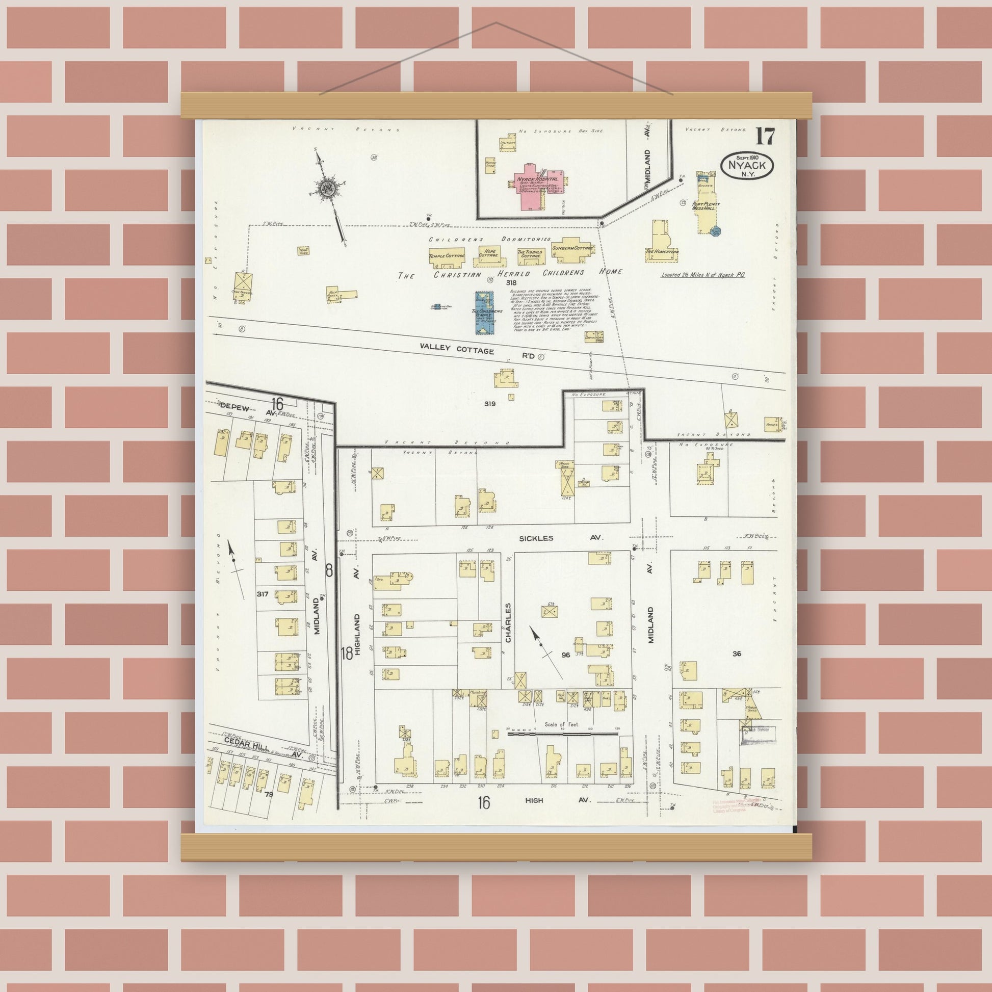 Old map wall art mockup — magnetic wood frame on brick wall — Sanborn Fire Insurance Map from Nyack, Rockland County, New York. (1910), Sheet #0017