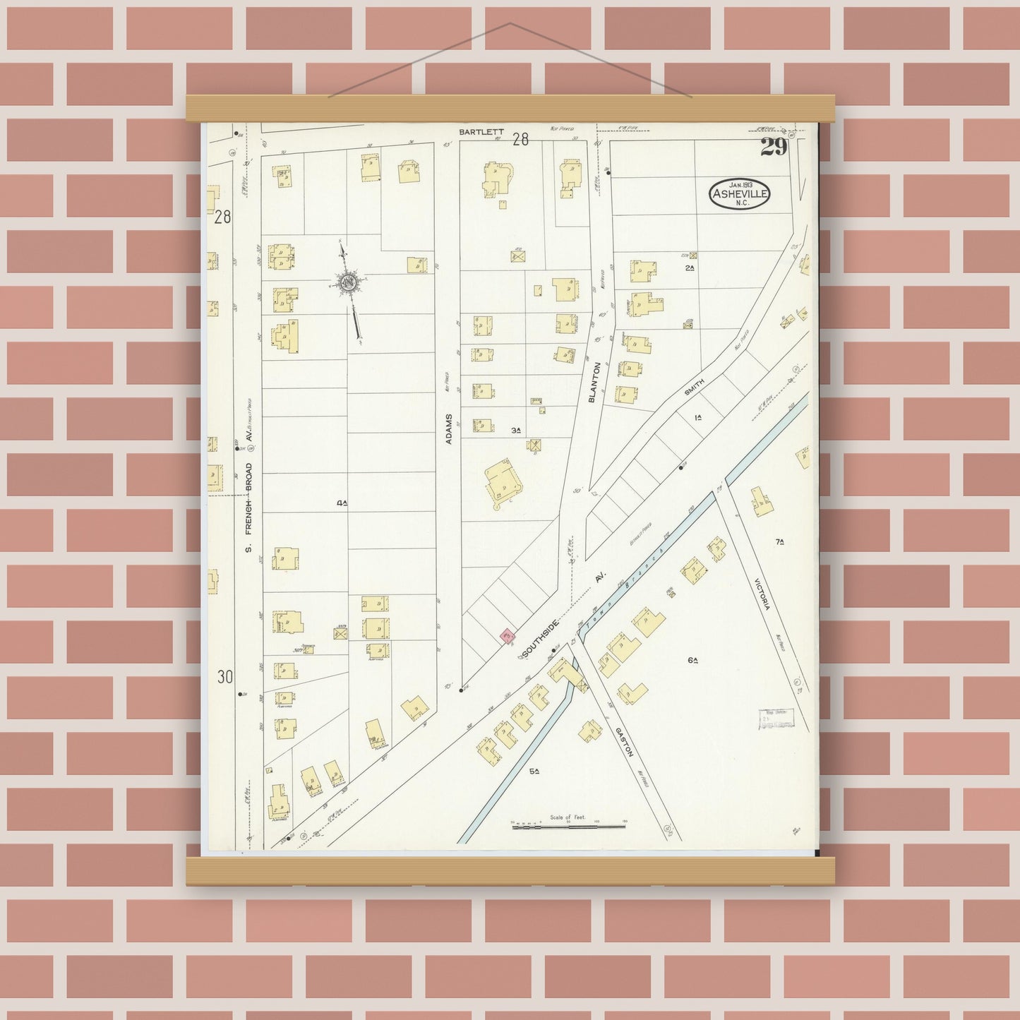 Old map wall art mockup — magnetic wood frame on brick wall — Sanborn Fire Insurance Map from Asheville, Buncombe County, North Carolina (1913), Sheet #0029