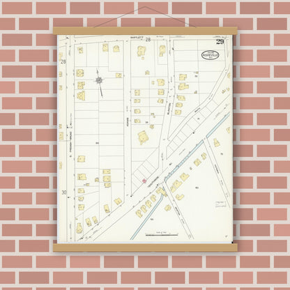 Old map wall art mockup — magnetic wood frame on brick wall — Sanborn Fire Insurance Map from Asheville, Buncombe County, North Carolina (1913), Sheet #0029