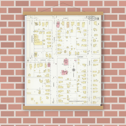 Old map wall art mockup — magnetic wood frame on brick wall — Sanborn Fire Insurance Map from Charlotte, Eaton County, Michigan (1911), Sheet #0011