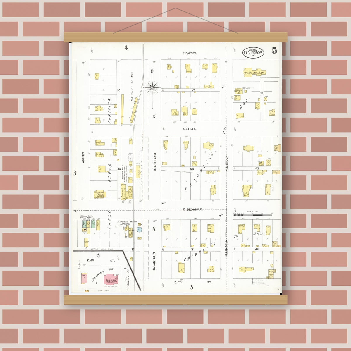 Old map wall art mockup — magnetic wood frame on brick wall — Sanborn Fire Insurance Map from Eagle Grove, Wright County, Iowa (1900), Sheet #0005