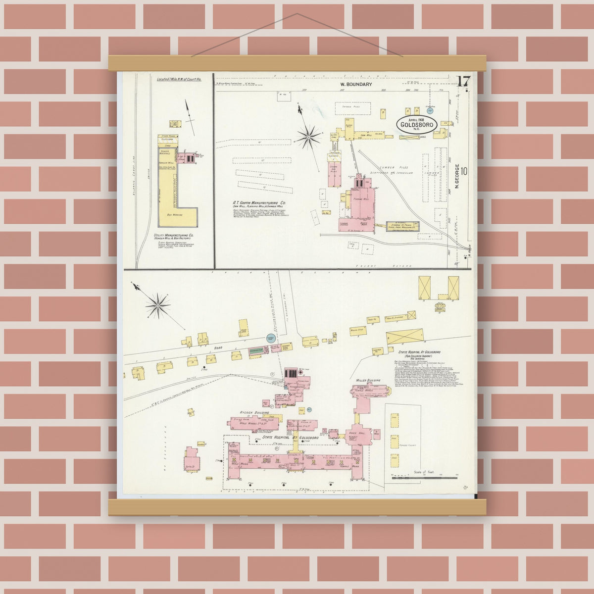 Old map wall art mockup — magnetic wood frame on brick wall — Sanborn Fire Insurance Map from Goldsboro, Wayne County, North Carolina (1908), Sheet #0017