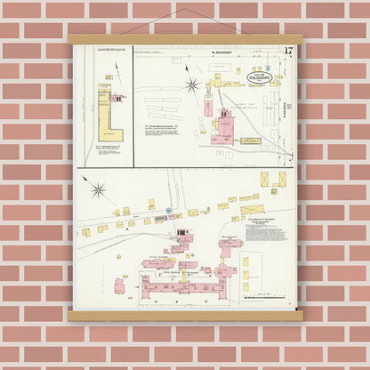 Old map wall art mockup — magnetic wood frame on brick wall — Sanborn Fire Insurance Map from Goldsboro, Wayne County, North Carolina (1908), Sheet #0017