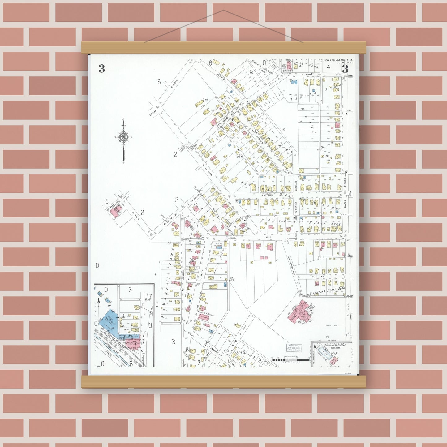 Old map wall art mockup — magnetic wood frame on brick wall — Sanborn Fire Insurance Map from New Lexington, Perry County, Ohio (1950), Sheet #0003
