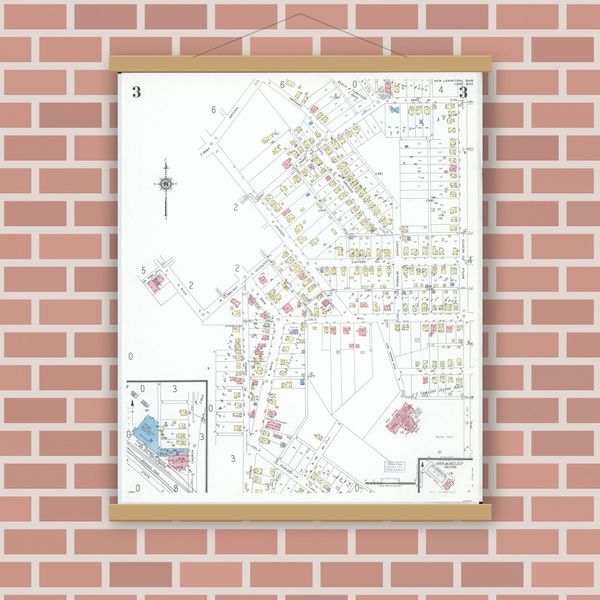 Old map wall art mockup — magnetic wood frame on brick wall — Sanborn Fire Insurance Map from New Lexington, Perry County, Ohio (1950), Sheet #0003