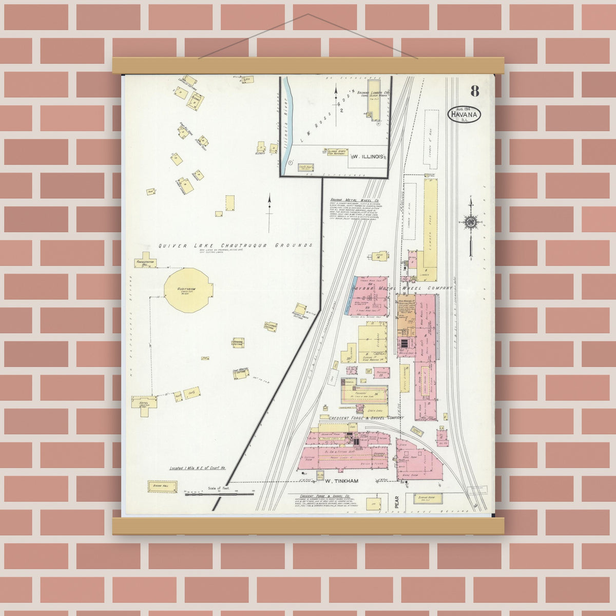 Old map wall art mockup — magnetic wood frame on brick wall — Sanborn Fire Insurance Map from Havana, Mason County, Illinois (1914), Sheet #0008