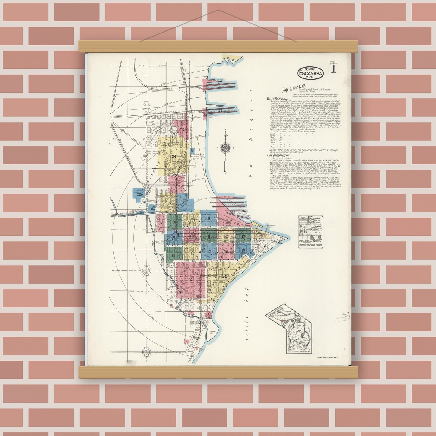 Old map wall art mockup — magnetic wood frame on brick wall — Sanborn Fire Insurance Map from Escanaba, Delta County, Michigan (1921) - Complete Map Set