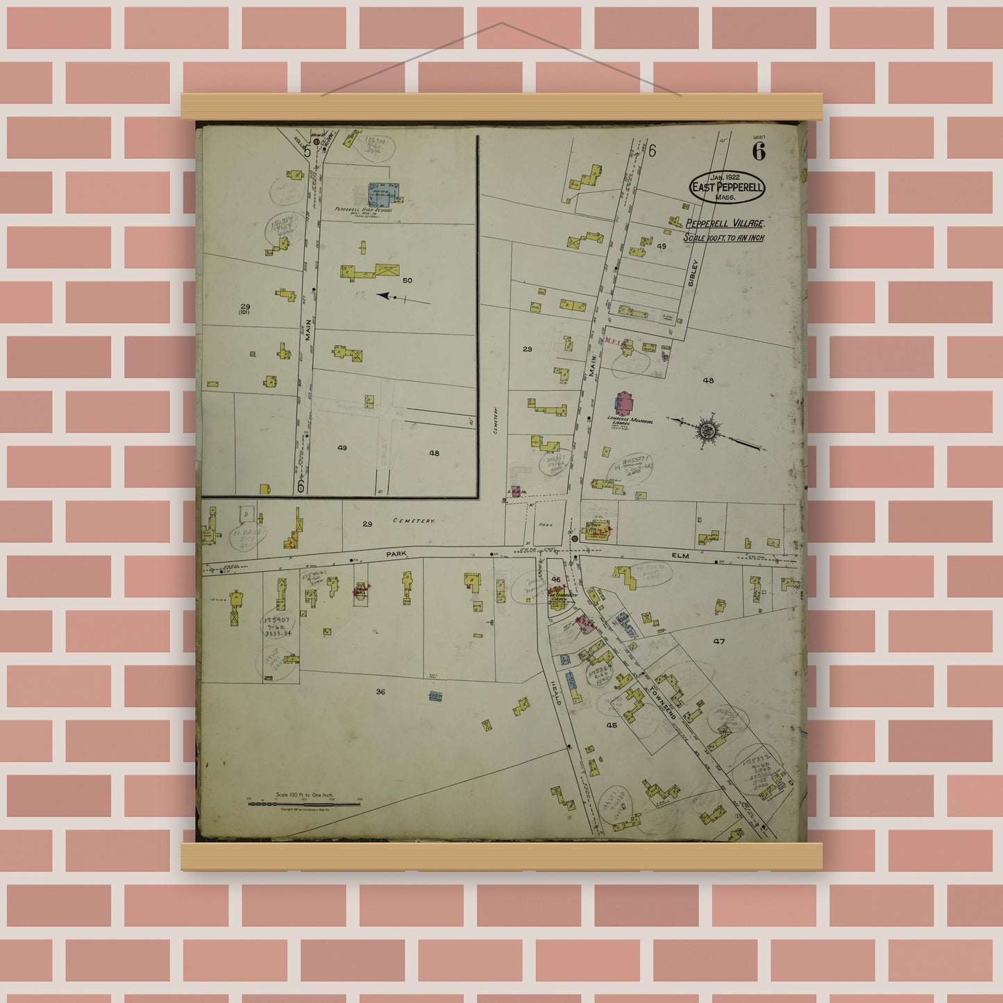 Old map wall art mockup — magnetic wood frame on brick wall — Sanborn Fire Insurance Map from East Pepperell, Middlesex County, Massachusetts (1953), Sheet #0006