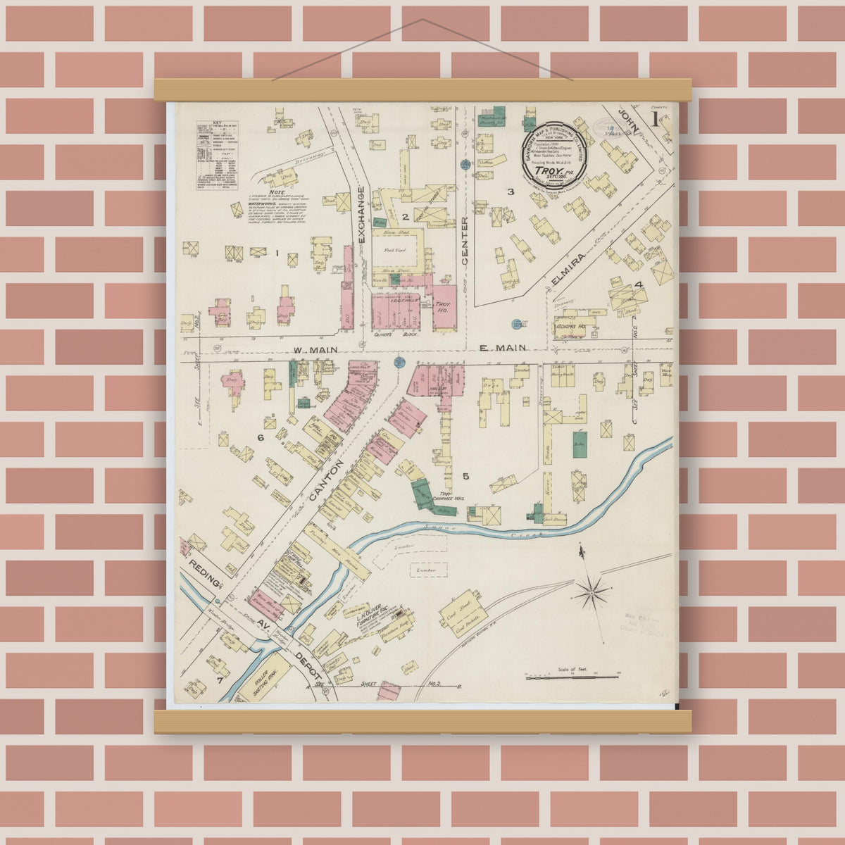 Old map wall art mockup — magnetic wood frame on brick wall — Sanborn Fire Insurance Map from Troy, Bradford County, Pennsylvania (1885) - Complete Map Set
