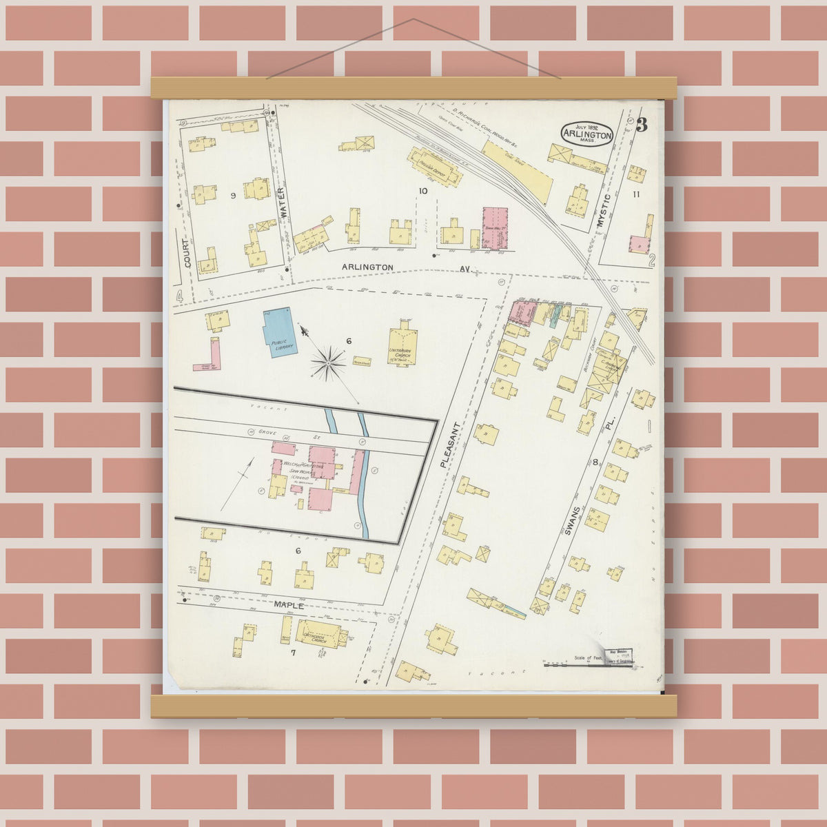 Old map wall art mockup — magnetic wood frame on brick wall — Sanborn Fire Insurance Map from Arlington, Middlesex County, Massachusetts (1892), Sheet #0003