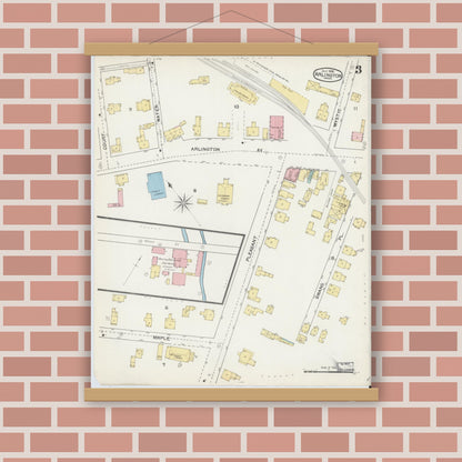 Old map wall art mockup — magnetic wood frame on brick wall — Sanborn Fire Insurance Map from Arlington, Middlesex County, Massachusetts (1892), Sheet #0003