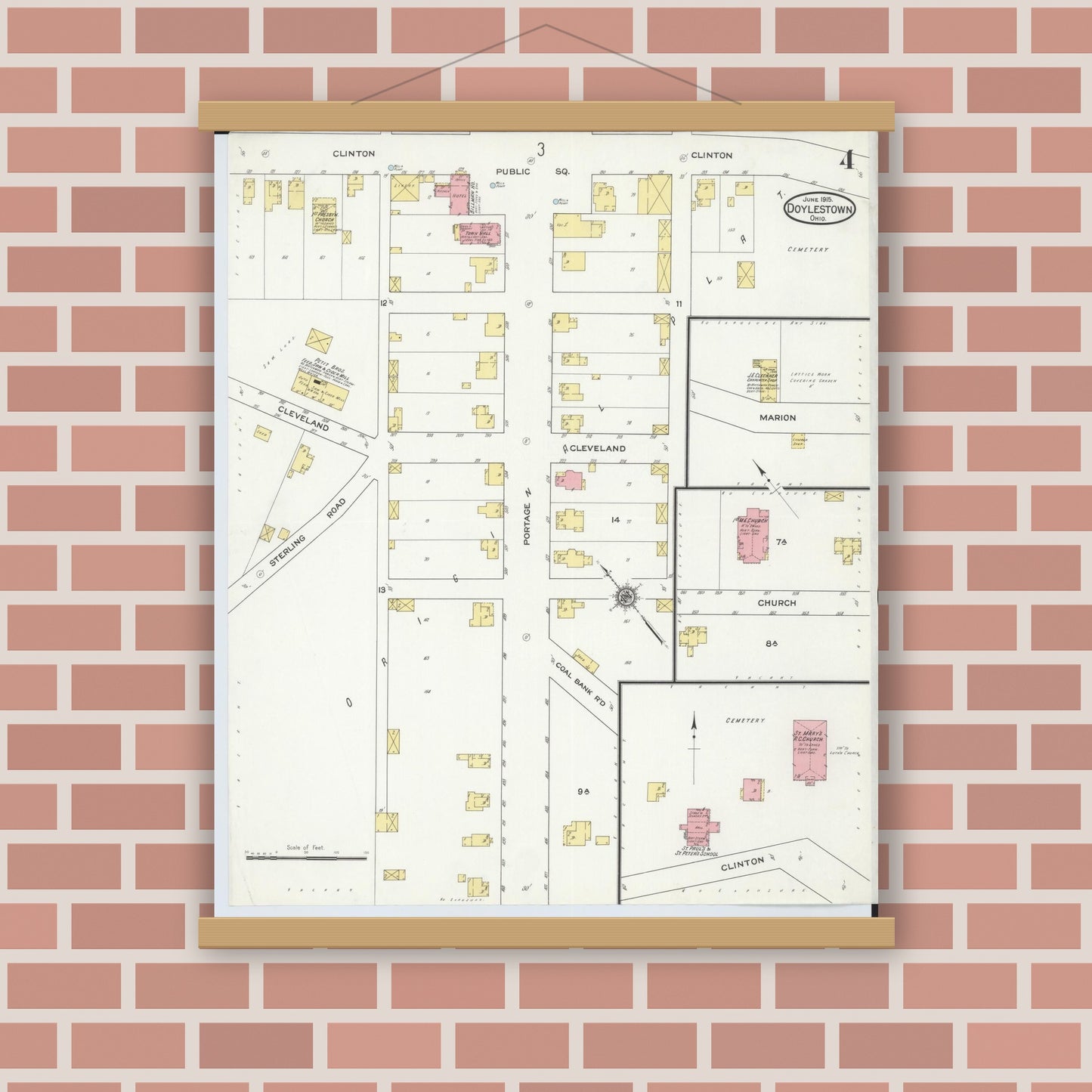 Old map wall art mockup — magnetic wood frame on brick wall — Sanborn Fire Insurance Map from Doylestown, Wayne County, Ohio (1915), Sheet #0004