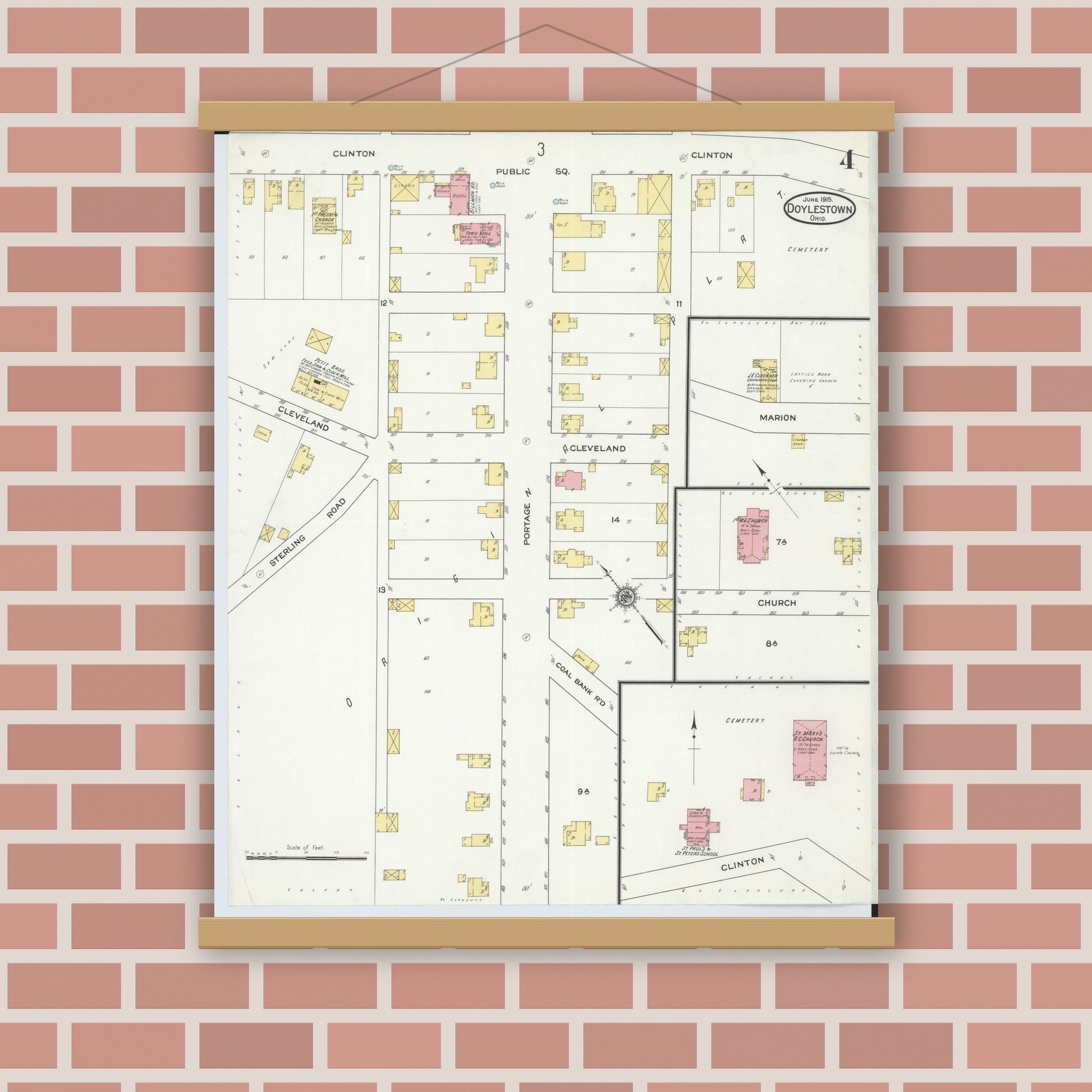 Old map wall art mockup — magnetic wood frame on brick wall — Sanborn Fire Insurance Map from Doylestown, Wayne County, Ohio (1915), Sheet #0004
