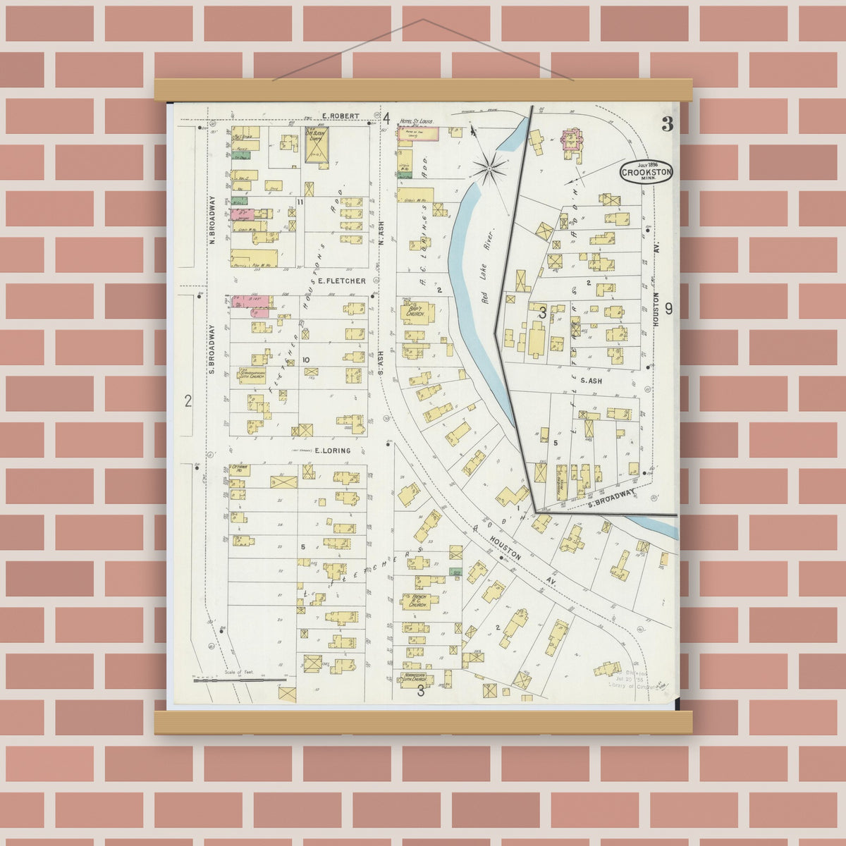Old map wall art mockup — magnetic wood frame on brick wall — Sanborn Fire Insurance Map from Crookston, Polk County, Minnesota (1896), Sheet #0003
