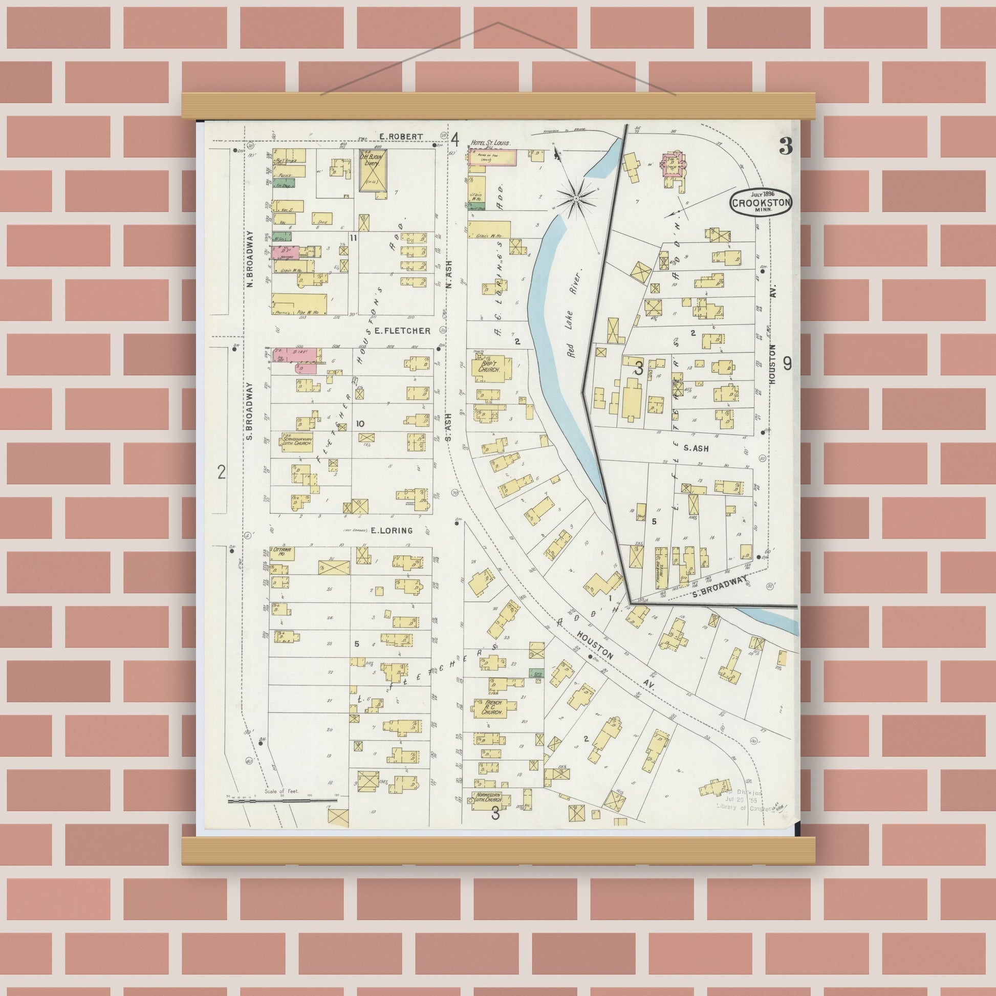Old map wall art mockup — magnetic wood frame on brick wall — Sanborn Fire Insurance Map from Crookston, Polk County, Minnesota (1896), Sheet #0003