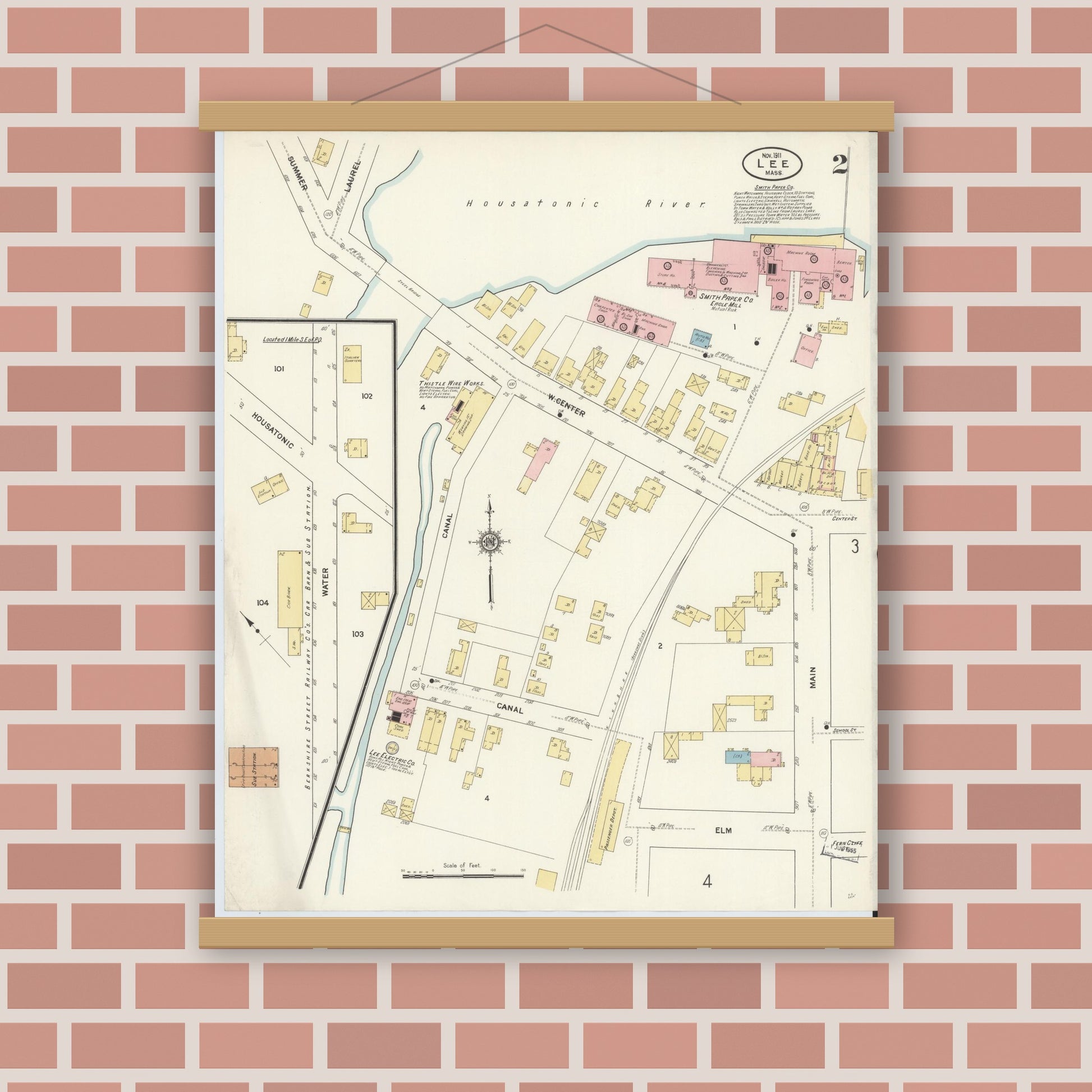 Old map wall art mockup — magnetic wood frame on brick wall — Sanborn Fire Insurance Map from Lee, Berkshire County, Massachusetts (1911), Sheet #0002