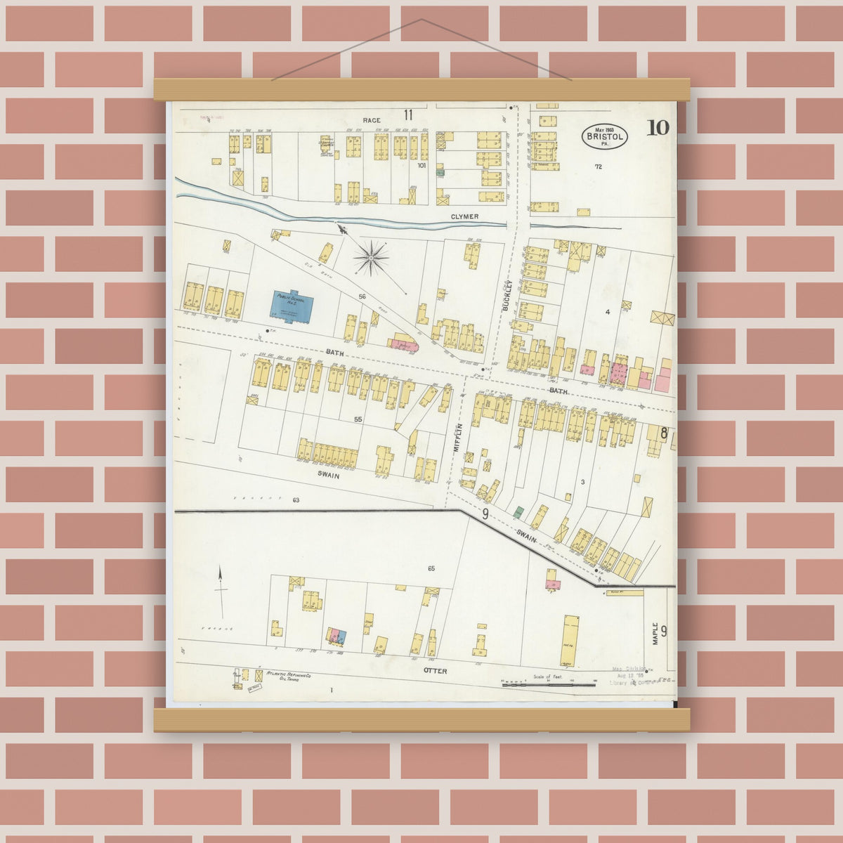 Old map wall art mockup — magnetic wood frame on brick wall — Sanborn Fire Insurance Map from Bristol, Bucks County, Pennsylvania (1903), Sheet #0010