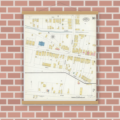 Old map wall art mockup — magnetic wood frame on brick wall — Sanborn Fire Insurance Map from Bristol, Bucks County, Pennsylvania (1903), Sheet #0010