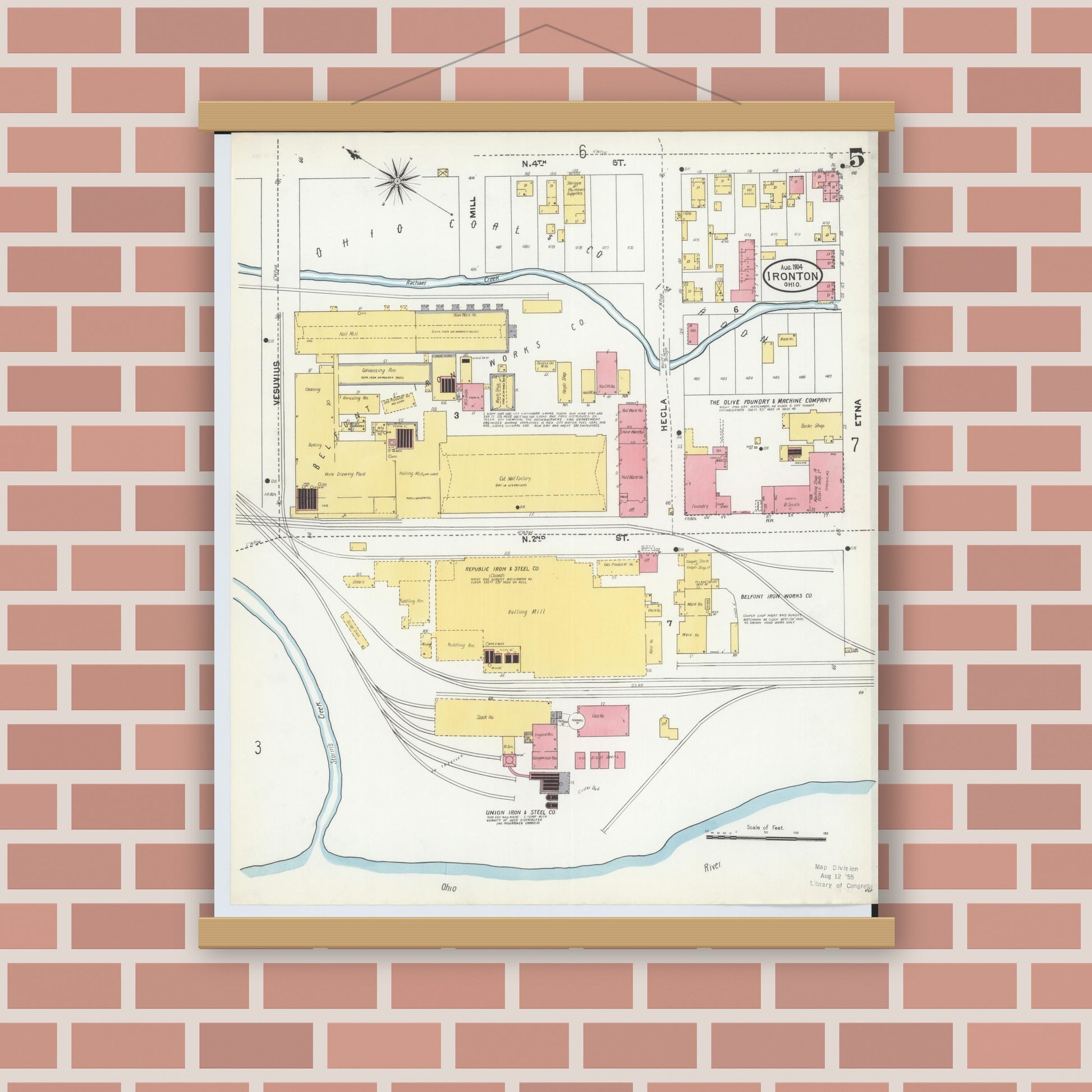Old map wall art mockup — magnetic wood frame on brick wall — Sanborn Fire Insurance Map from Ironton, Lawrence County, Ohio (1904), Sheet #0005