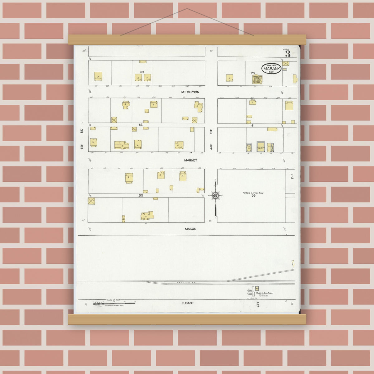 Old map wall art mockup — magnetic wood frame on brick wall — Sanborn Fire Insurance Map from Mabank, Kaufman County, Texas (1921), Sheet #0003