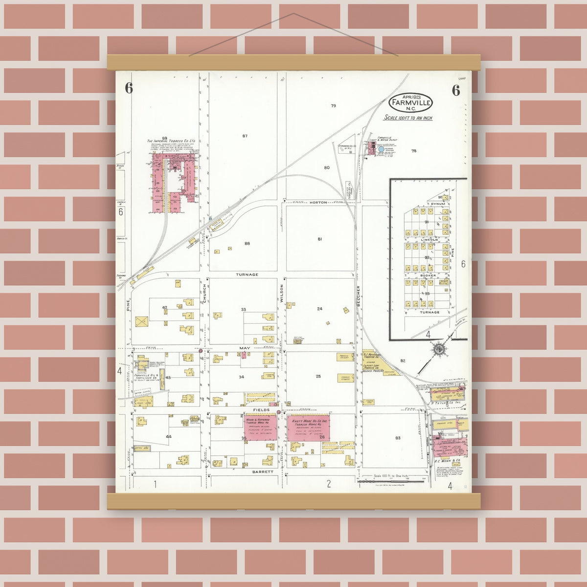 Old map wall art mockup — magnetic wood frame on brick wall — Sanborn Fire Insurance Map from Farmville, Pitt County, North Carolina (1923), Sheet #0006