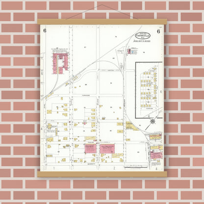 Old map wall art mockup — magnetic wood frame on brick wall — Sanborn Fire Insurance Map from Farmville, Pitt County, North Carolina (1923), Sheet #0006