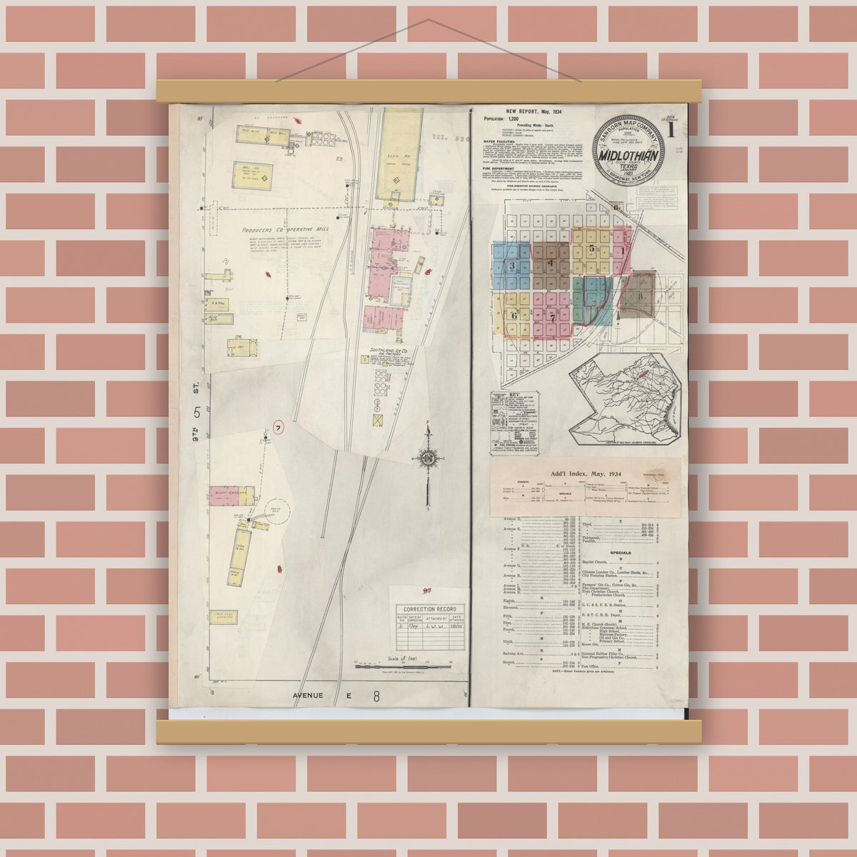 Old map wall art mockup — magnetic wood frame on brick wall — Sanborn Fire Insurance Map from Midlothian, Ellis County, Texas (1944) - Complete Map Set