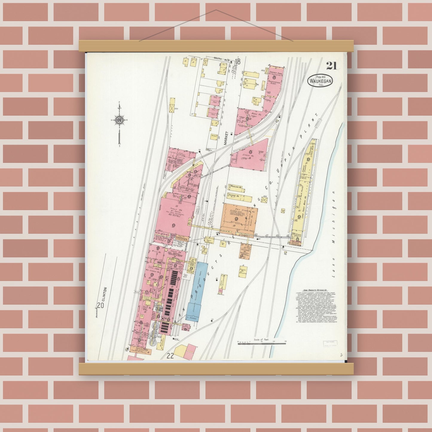 Old map wall art mockup — magnetic wood frame on brick wall — Sanborn Fire Insurance Map from Waukegan, Lake County, Illinois (1912), Sheet #0021