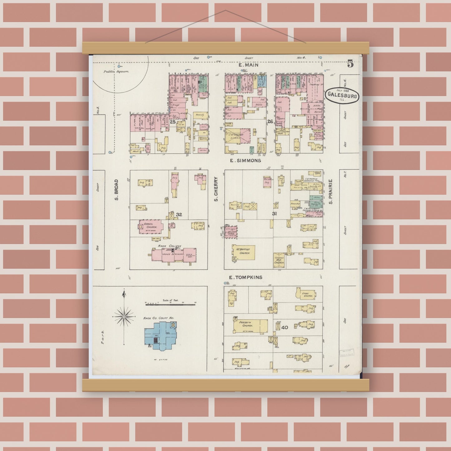Old map wall art mockup — magnetic wood frame on brick wall — Sanborn Fire Insurance Map from Galesburg, Knox County, Illinois (1888), Sheet #0005