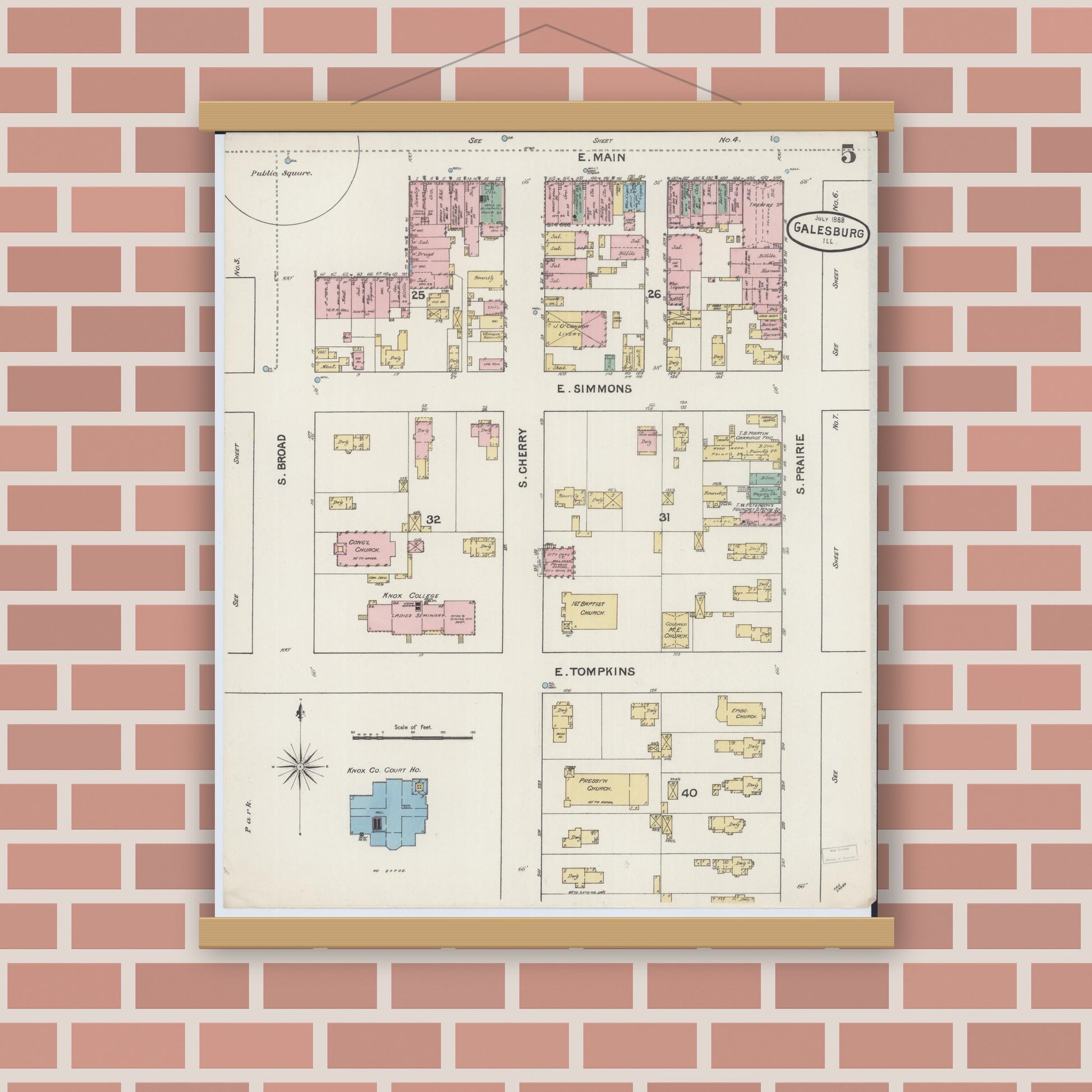 Old map wall art mockup — magnetic wood frame on brick wall — Sanborn Fire Insurance Map from Galesburg, Knox County, Illinois (1888), Sheet #0005