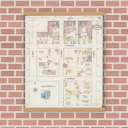 Old map wall art mockup — magnetic wood frame on brick wall — Sanborn Fire Insurance Map from Galesburg, Knox County, Illinois (1888), Sheet #0005