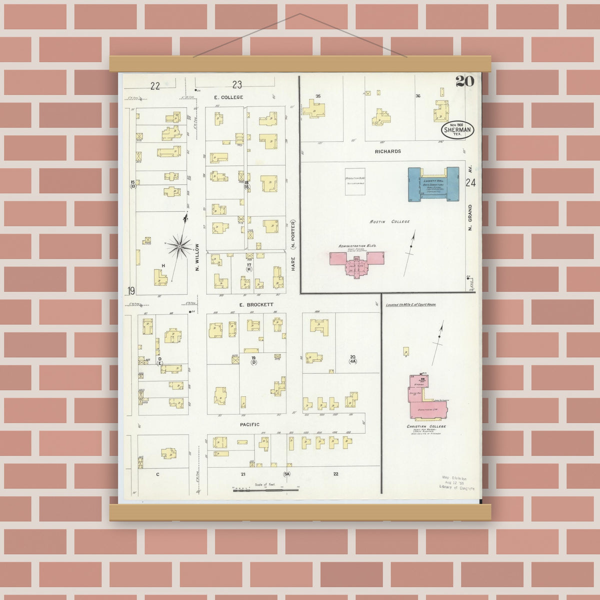 Old map wall art mockup — magnetic wood frame on brick wall — Sanborn Fire Insurance Map from Sherman, Grayson County, Texas (1908), Sheet #0020