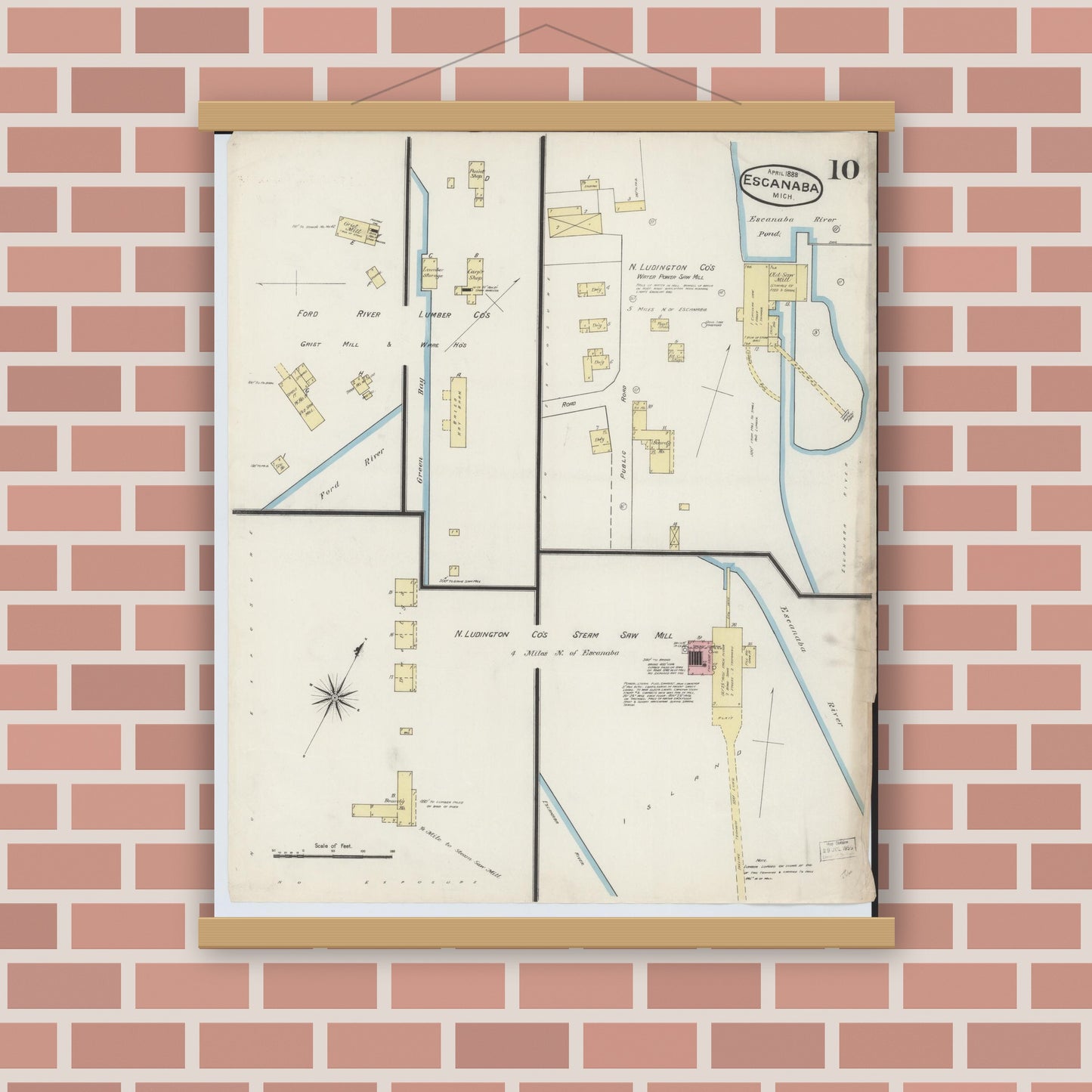 Old map wall art mockup — magnetic wood frame on brick wall — Sanborn Fire Insurance Map from Escanaba, Delta County, Michigan (1888), Sheet #0010