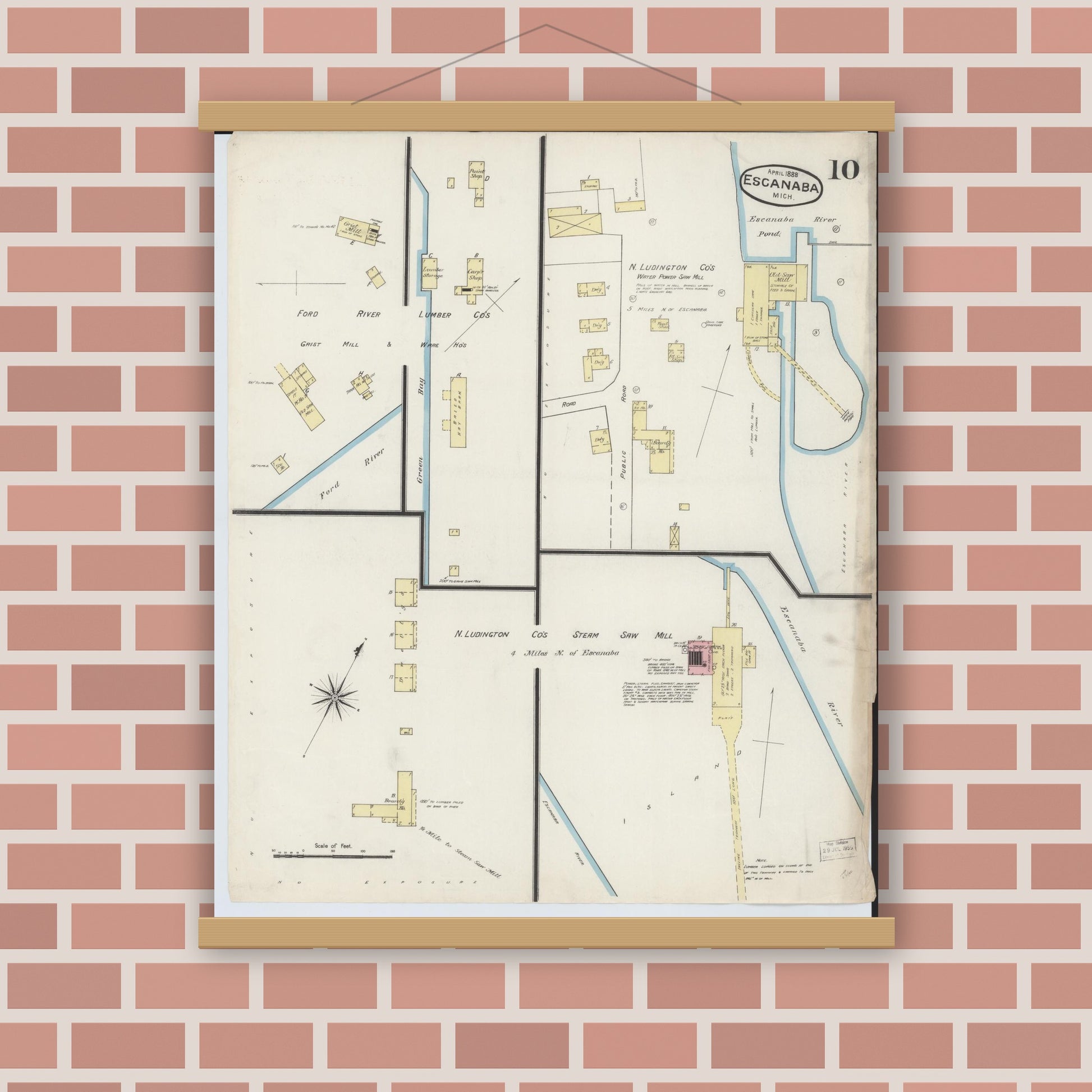 Old map wall art mockup — magnetic wood frame on brick wall — Sanborn Fire Insurance Map from Escanaba, Delta County, Michigan (1888), Sheet #0010