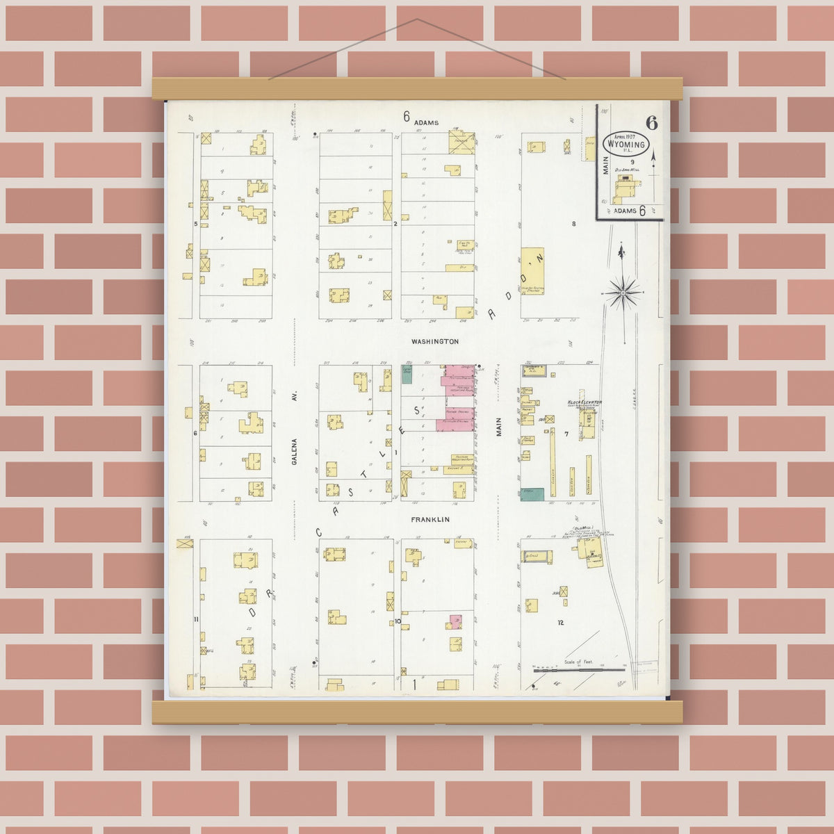 Old map wall art mockup — magnetic wood frame on brick wall — Sanborn Fire Insurance Map from Wyoming, Stark County, Illinois (1907), Sheet #0006