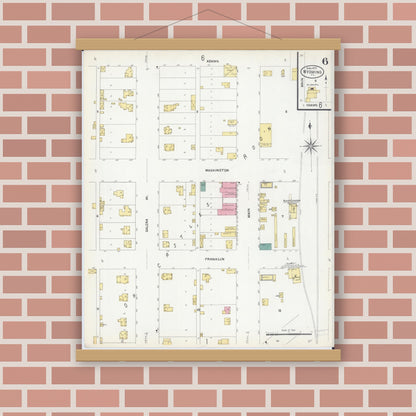 Old map wall art mockup — magnetic wood frame on brick wall — Sanborn Fire Insurance Map from Wyoming, Stark County, Illinois (1907), Sheet #0006