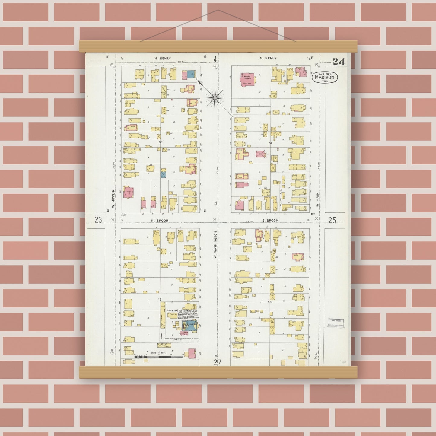 Old map wall art mockup — magnetic wood frame on brick wall — Sanborn Fire Insurance Map from Madison, Dane County, Wisconsin (1902), Sheet #0024