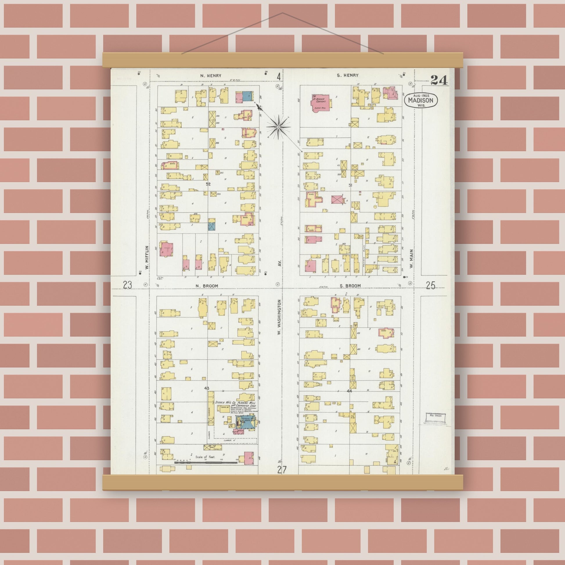 Old map wall art mockup — magnetic wood frame on brick wall — Sanborn Fire Insurance Map from Madison, Dane County, Wisconsin (1902), Sheet #0024