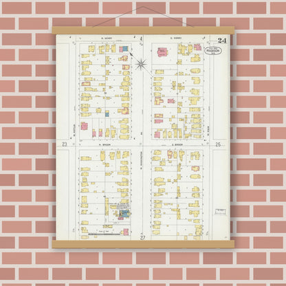 Old map wall art mockup — magnetic wood frame on brick wall — Sanborn Fire Insurance Map from Madison, Dane County, Wisconsin (1902), Sheet #0024