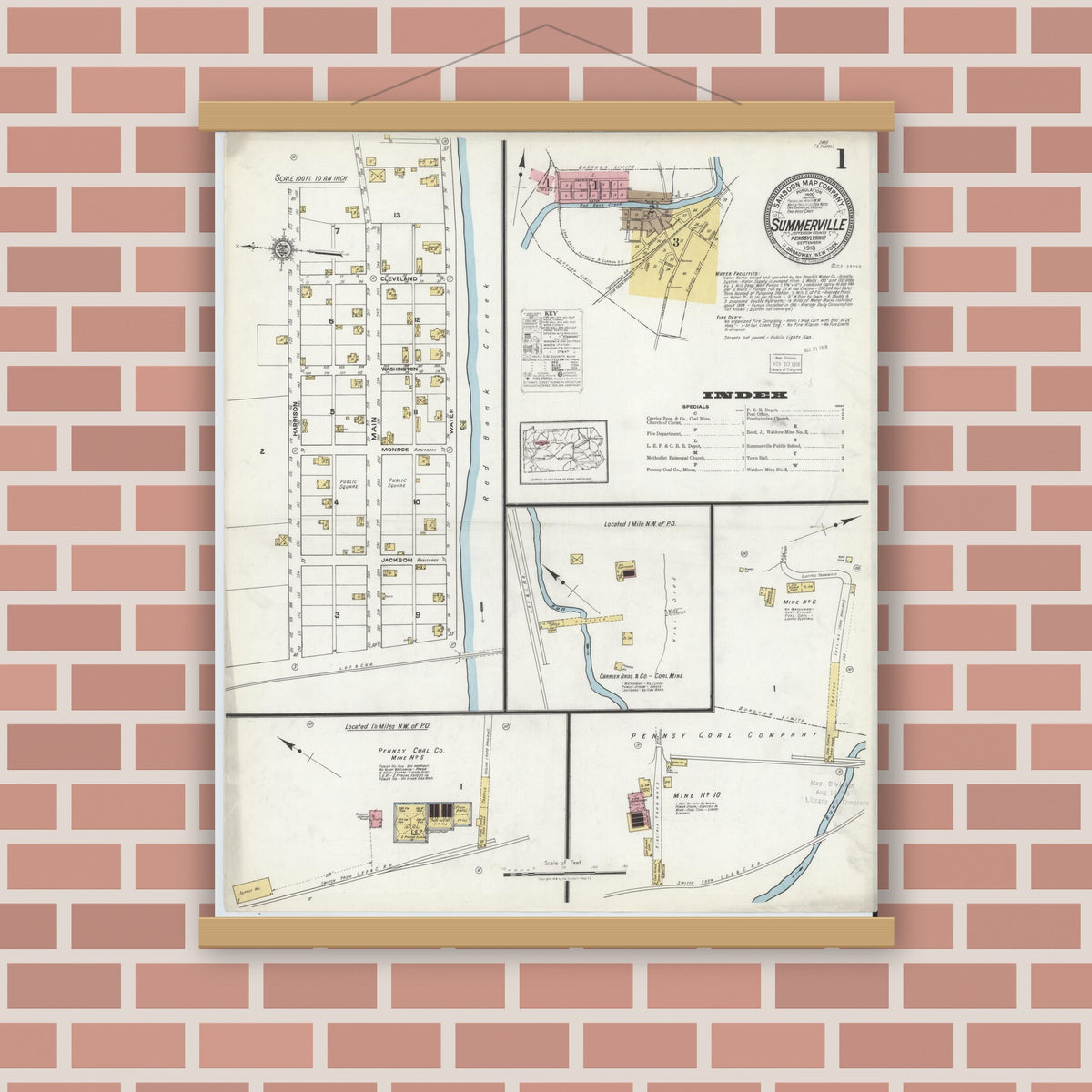 Old map wall art mockup — magnetic wood frame on brick wall — Sanborn Fire Insurance Map from Summerville, Jefferson County, Pennsylvania (1918) - Complete Map Set