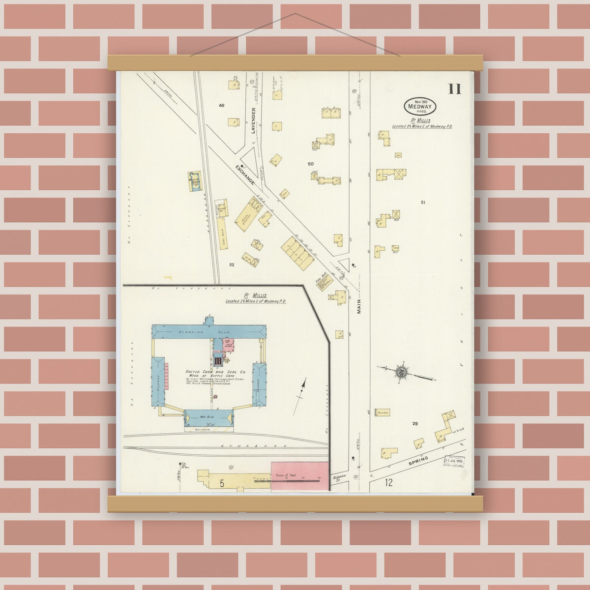 Old map wall art mockup — magnetic wood frame on brick wall — Sanborn Fire Insurance Map from Medway, Norfolk County, Massachusetts (1910), Sheet #0011