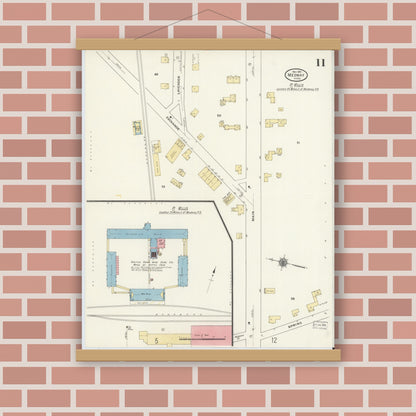Old map wall art mockup — magnetic wood frame on brick wall — Sanborn Fire Insurance Map from Medway, Norfolk County, Massachusetts (1910), Sheet #0011