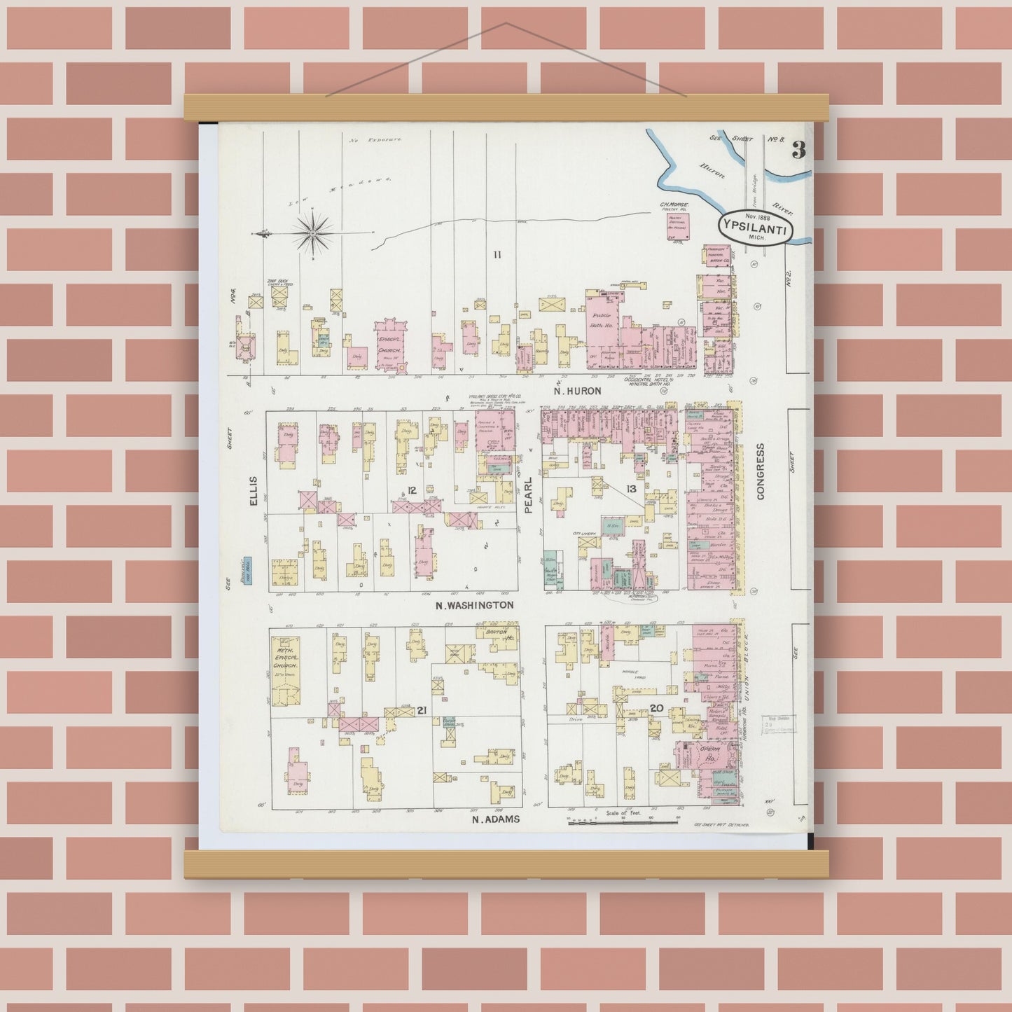 Old map wall art mockup — magnetic wood frame on brick wall — Sanborn Fire Insurance Map from Ypsilanti, Washtenaw County, Michigan (1888), Sheet #0003