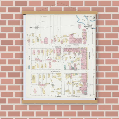 Old map wall art mockup — magnetic wood frame on brick wall — Sanborn Fire Insurance Map from Ypsilanti, Washtenaw County, Michigan (1888), Sheet #0003
