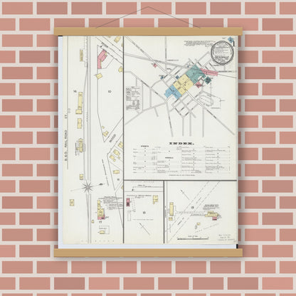 Old map wall art mockup — magnetic wood frame on brick wall — Sanborn Fire Insurance Map from Hicksville, Defiance County, Ohio (1893), Sheet #0001