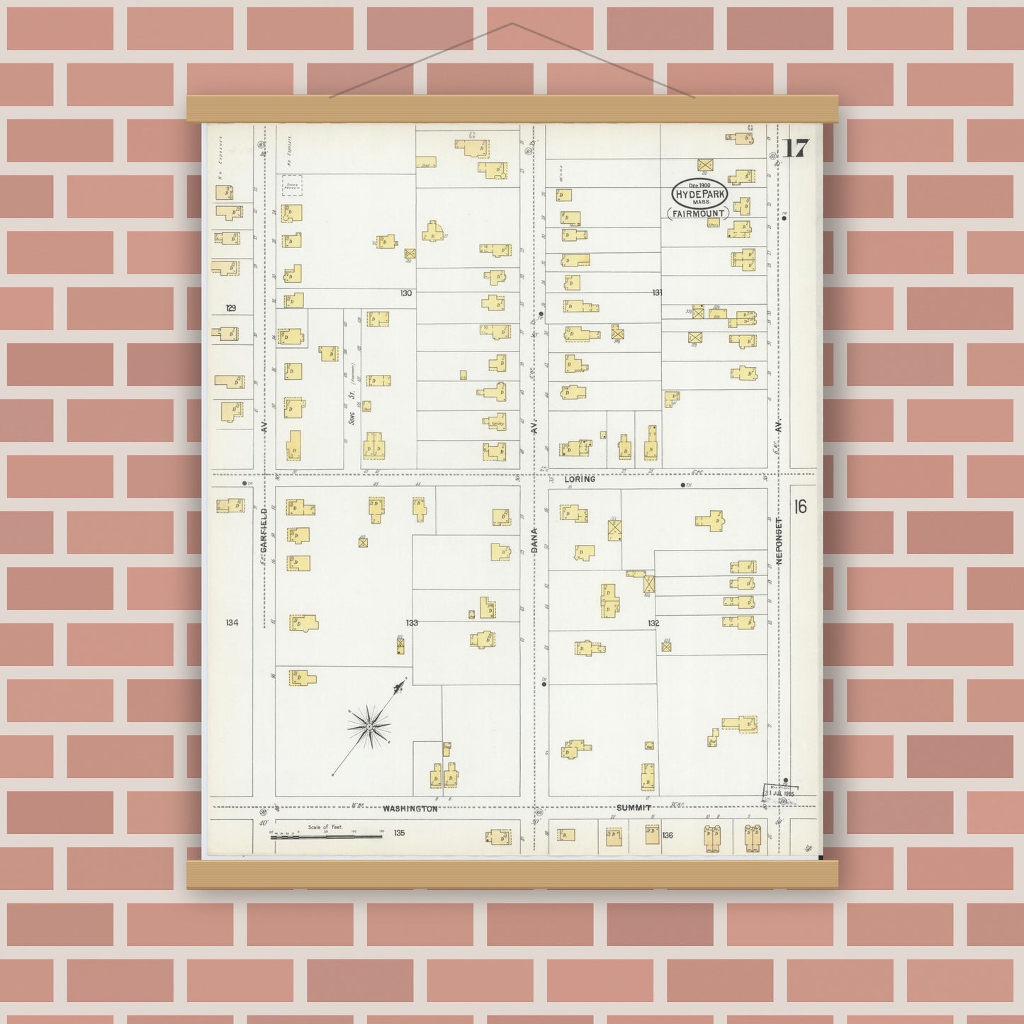 Old map wall art mockup — magnetic wood frame on brick wall — Sanborn Fire Insurance Map from Hyde Park, Norfolk County, Massachusetts (1900), Sheet #0017