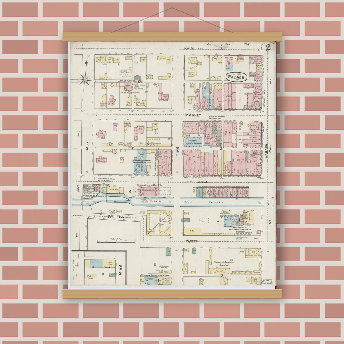 Old map wall art mockup — magnetic wood frame on brick wall — Sanborn Fire Insurance Map from Wabash, Wabash County, Indiana (1887), Sheet #0002