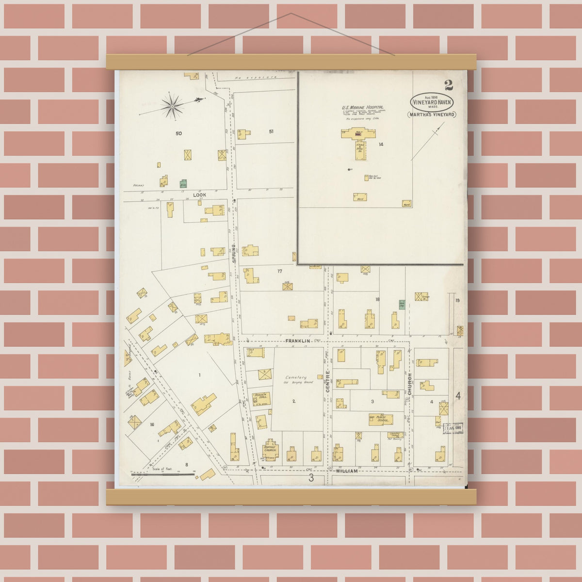Old map wall art mockup — magnetic wood frame on brick wall — Sanborn Fire Insurance Map from Vineyard Haven, Dukes County, Massachusetts (1898), Sheet #0002
