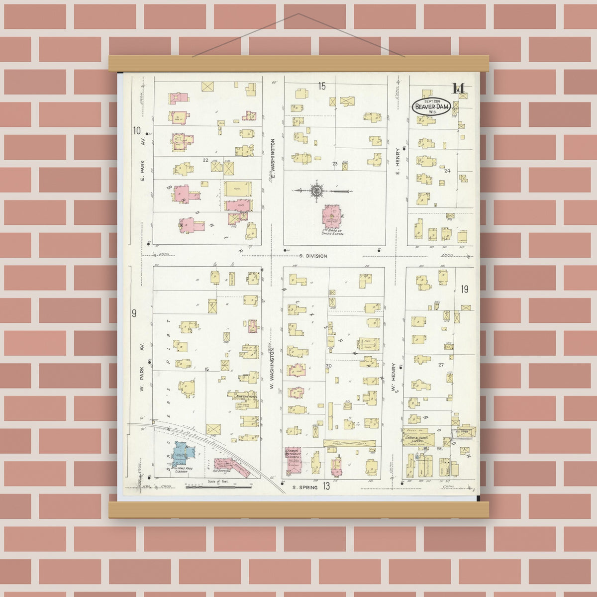 Old map wall art mockup — magnetic wood frame on brick wall — Sanborn Fire Insurance Map from Beaver Dam, Dodge County, Wisconsin (1914), Sheet #0014