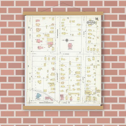 Old map wall art mockup — magnetic wood frame on brick wall — Sanborn Fire Insurance Map from Beaver Dam, Dodge County, Wisconsin (1914), Sheet #0014